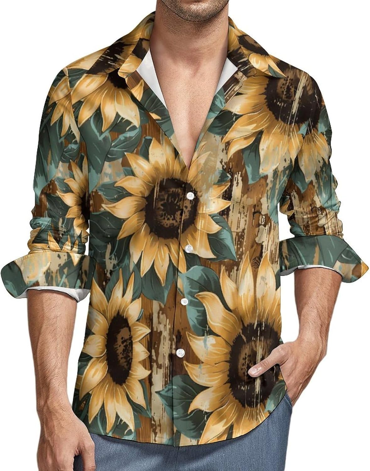 Sunflower Vintage Wood Novelty Men's Long Sleeve Shirts Casual Button Down Shirt Pullover Tops