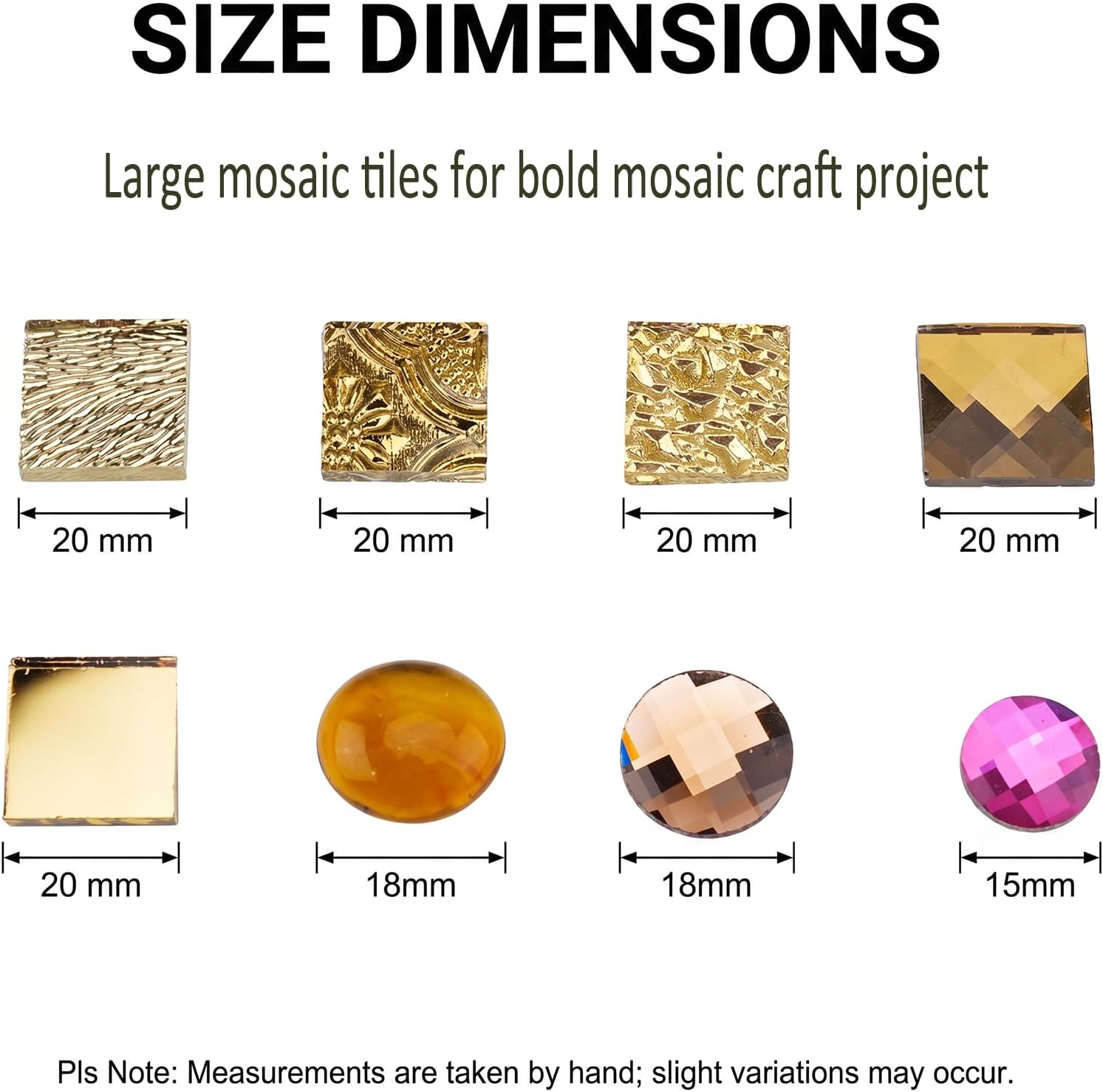 1000g 20MM Golden Mirror Glass Tiles for DIY Mosaic, Assorted Textured Square Tiles and Faceted Glass Gems in Multiple Sizes, Variety of Patterned Glass Pieces with Glossy Finish for Artwork