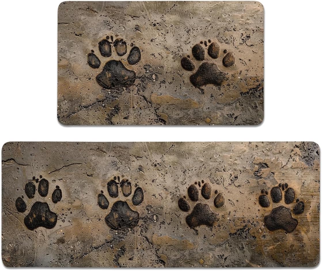 Dog Paw Kitchen Rugs Set of 2, Farmhouse Kitchen Mats with Rubber Backing Non Skid Washable, Pet Lover Gifts (17" x 29 + 17" x 47")