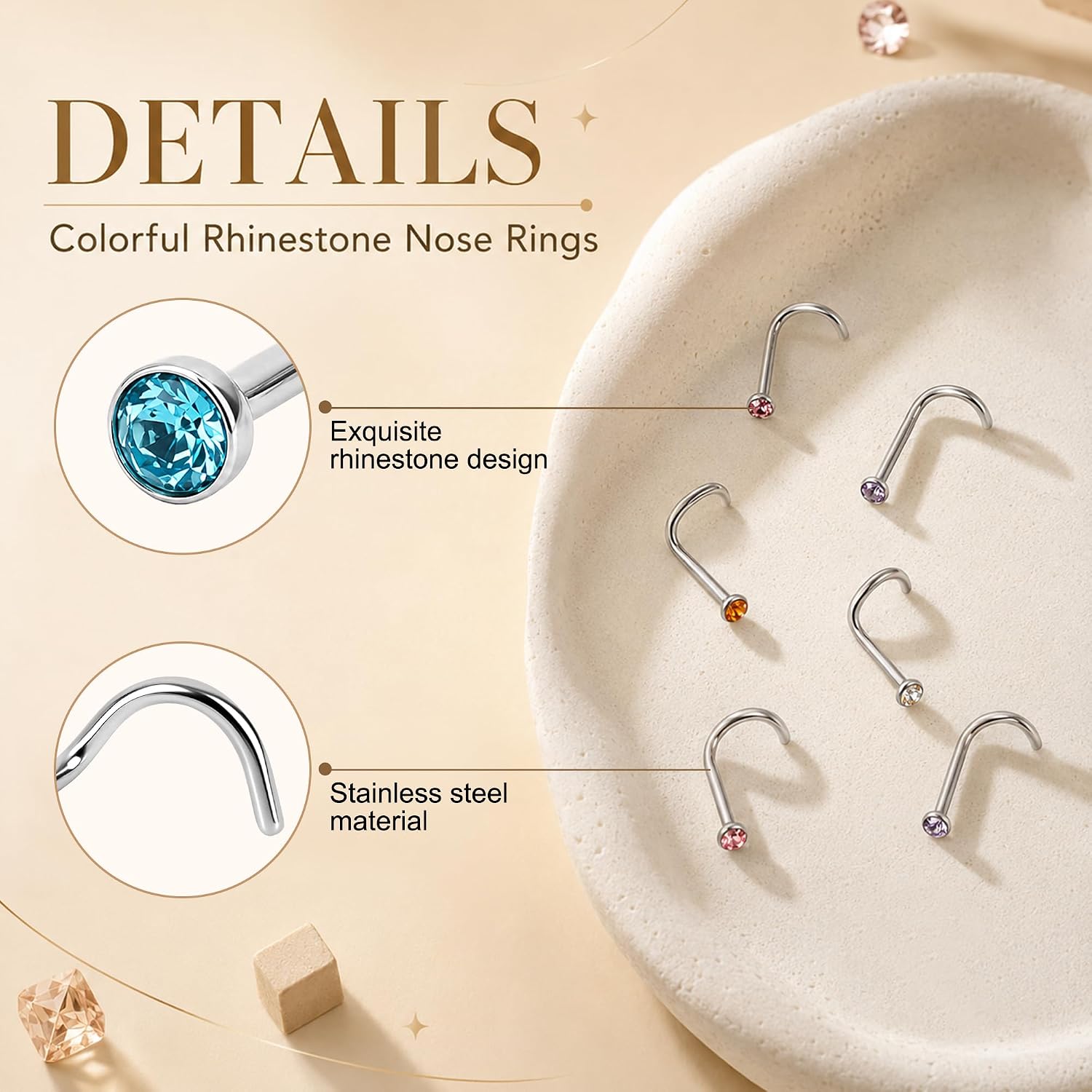 CrazyPiercing 20G Colorful Rhinestone Steel Screw Nose Rings Studs Bar Pin Piercing Jewelry