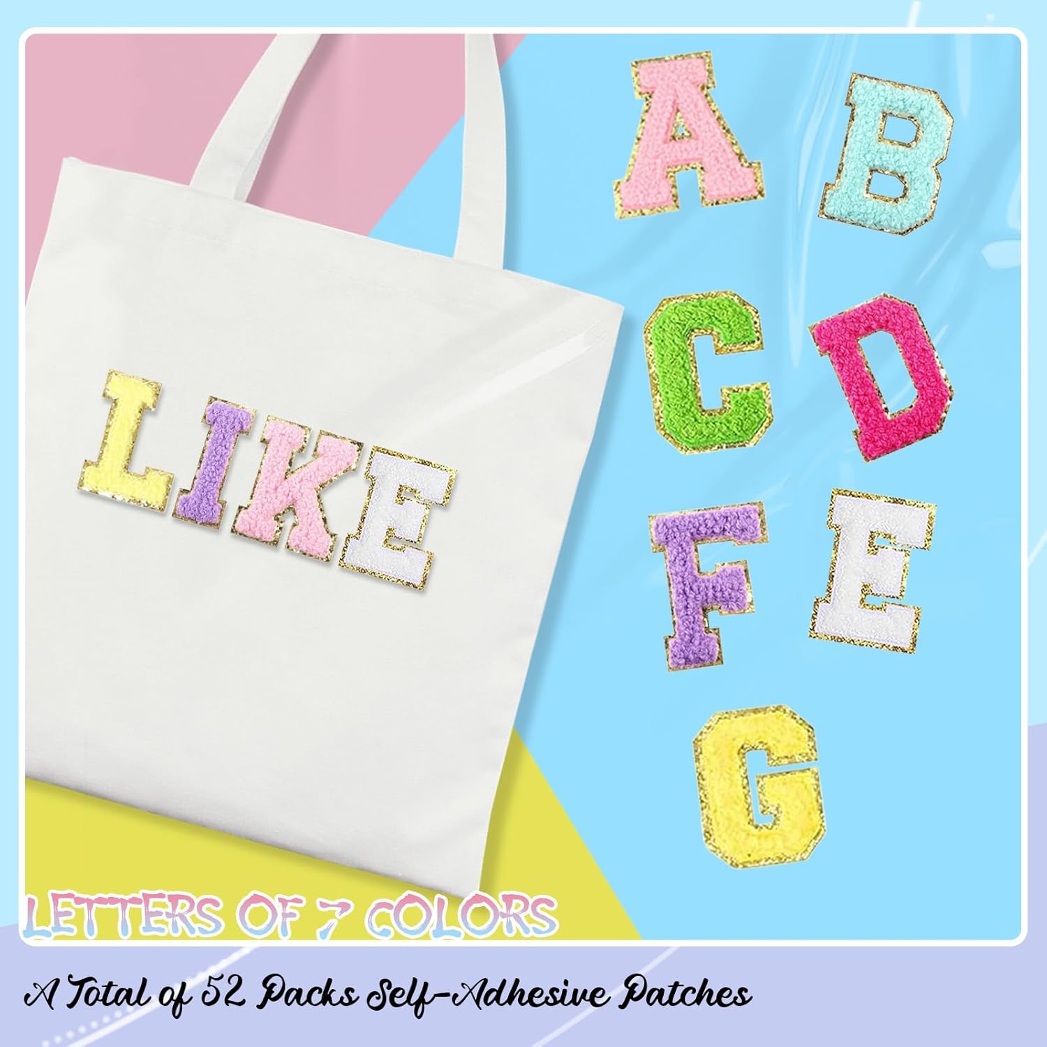 52 Pcs Self-Adhesive Chenille Letters Patches, A-Z Alphabet Applique Patches Stick on Letters Embroidered Letter Stickers for Clothing, Makeup Hats, Bags, Backpacks, laptops (Multicolor)