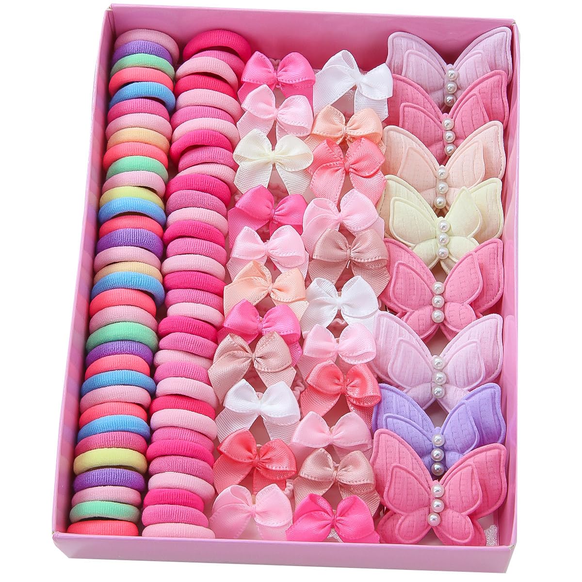Haarschmuck für Mädchen, 230 Stück, Schmetterlings-Haarspangen und Gummibänder, Rosa und Mehrfarbig