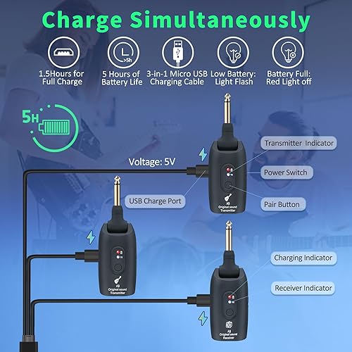 Miniatura 25 de Sistema de guitarra inalámbrico de 2.4 GHz, receptor transmisor inalámbrico de audio recargable para guitarra, bajo, instrumentos eléctricos, Negro
