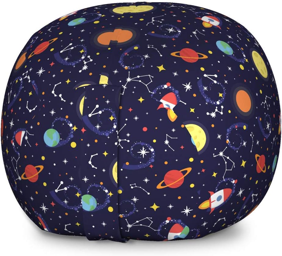 Ambesonne Spaceship Storage Toy Bag Chair, Cosmic Themed Pattern of Flying Spacecraft in Outer Space Stars Planets, Stuffed Animal Organizer Washable Bag, Large Size, Indigo