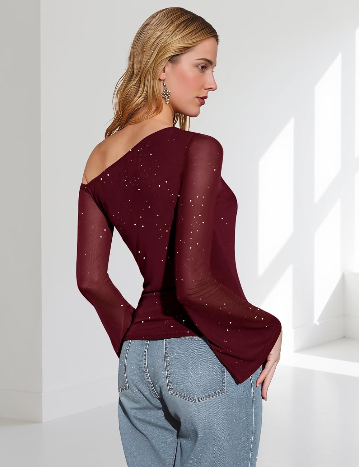 Aupuls Sparkly Tops for Women Bell Sleeve Off Shoulder Top Sequin Concert Outfits - Image 3