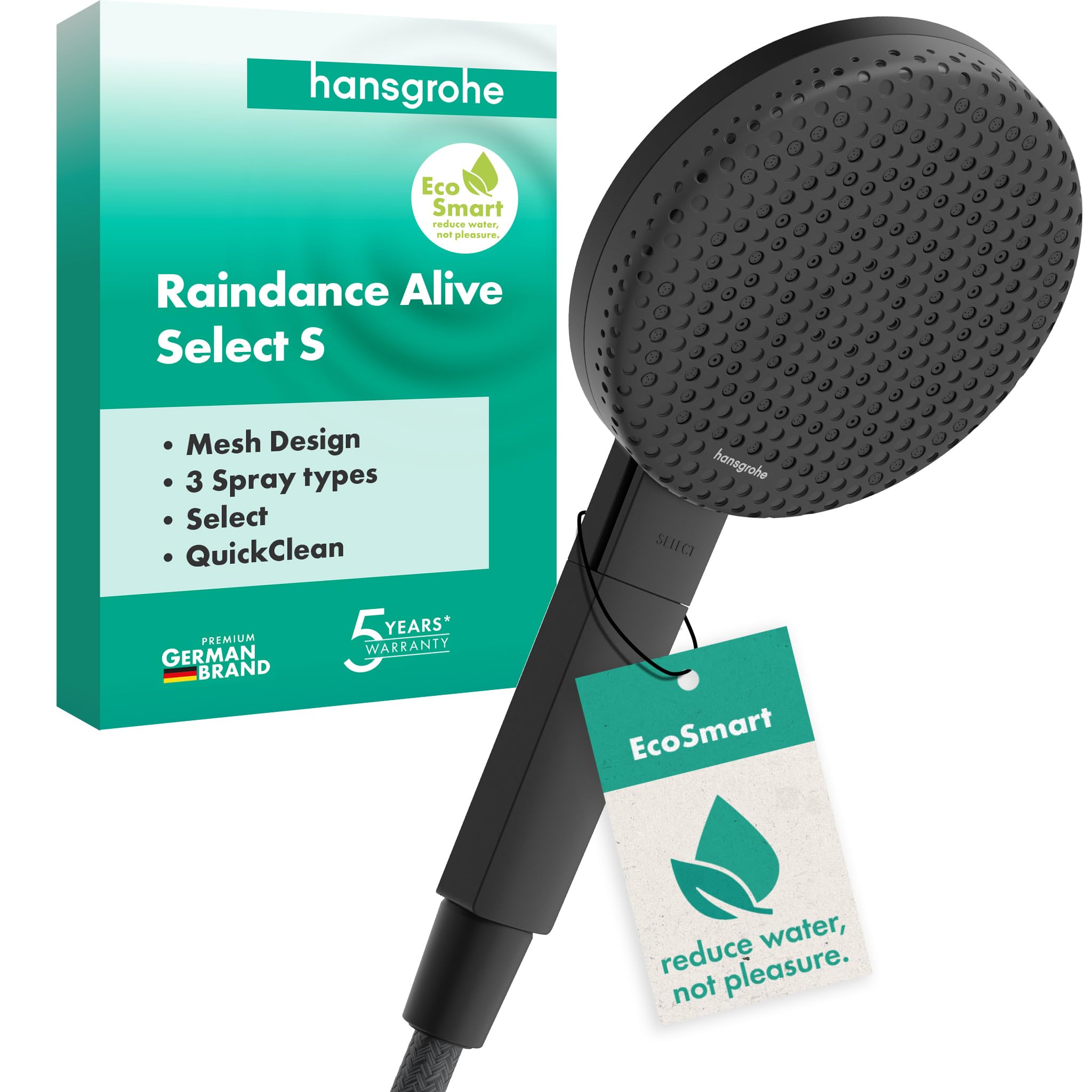 hansgrohe Raindance Alive Select S - Water-Saving Shower Head 7,1 l/min (EcoSmart), Hand Shower Round (125 mm) with 3 Sprays (incl. PowderRain), with Anti-limescale Function, matt Black, 24511670