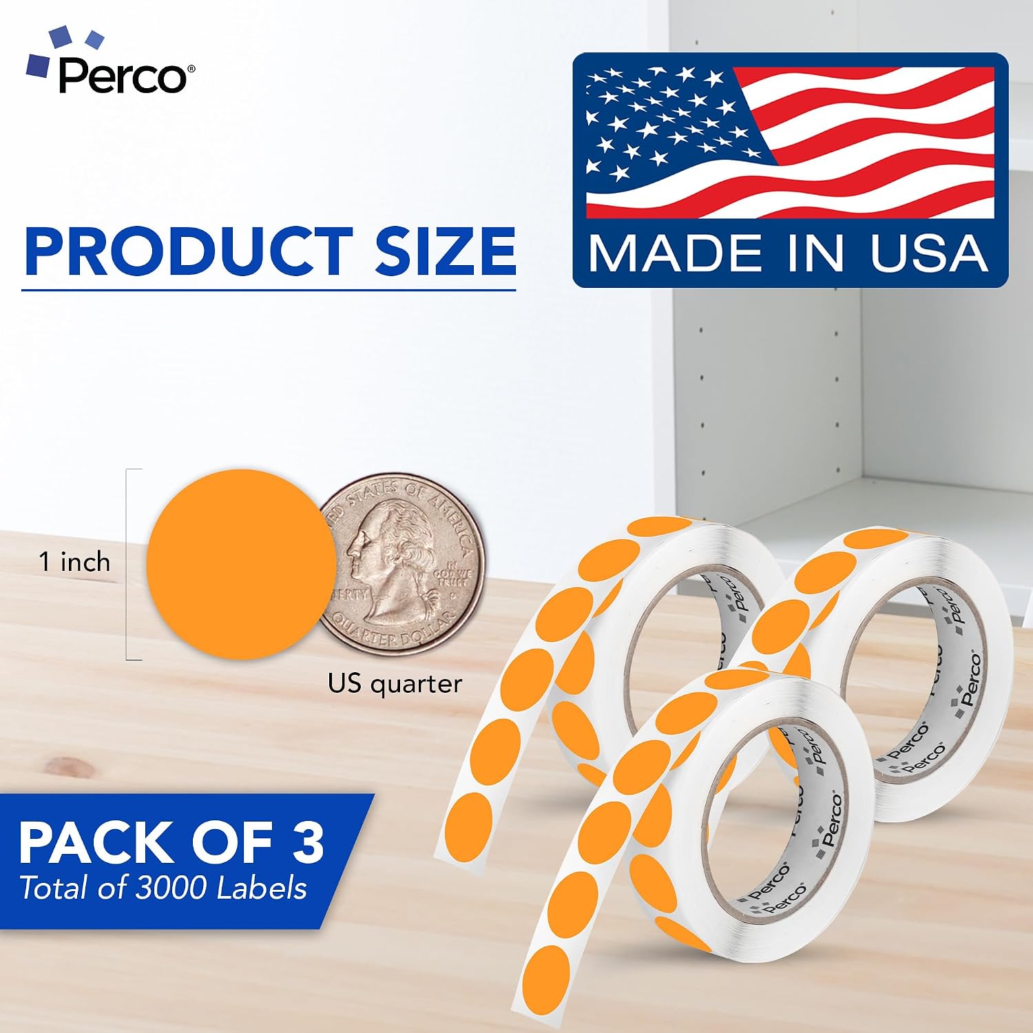 Perco Neon Orange Perforated Round Circle Dot Sticker 1-Inch Labels — 3 Rolls, 3,000 Stickers—Clearance, Discount & Priority Labels, High Visibility, Strong Adhesive—Made in USA