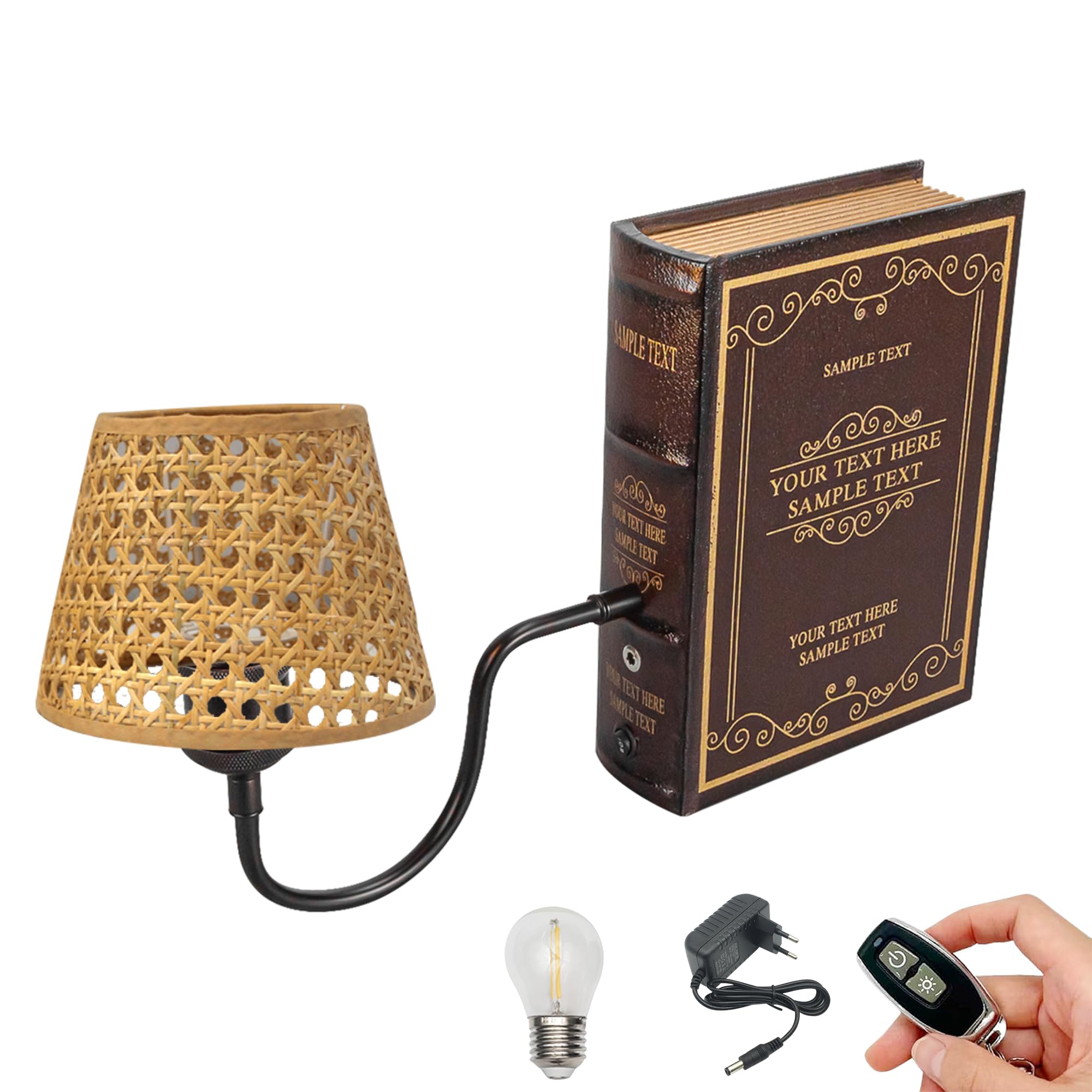 LED Buchlampe mit Fernbedienung, Vintage Dimmbar Nachttischlampe mit Stoffschirm 1xE27-Fassung, Wiederaufladbare Tischlampe Zeitschaltuhr für Nachttisch Beistelltisch DZ0317
