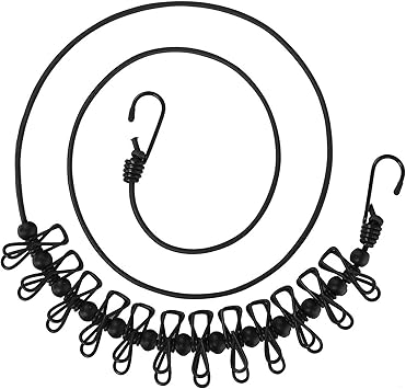 11 Feet Black Windproof Clothesline with 12 Black Clips, Adjustable Clothes Line for Home, Travel and Outdoor Hanging ClothesBlack