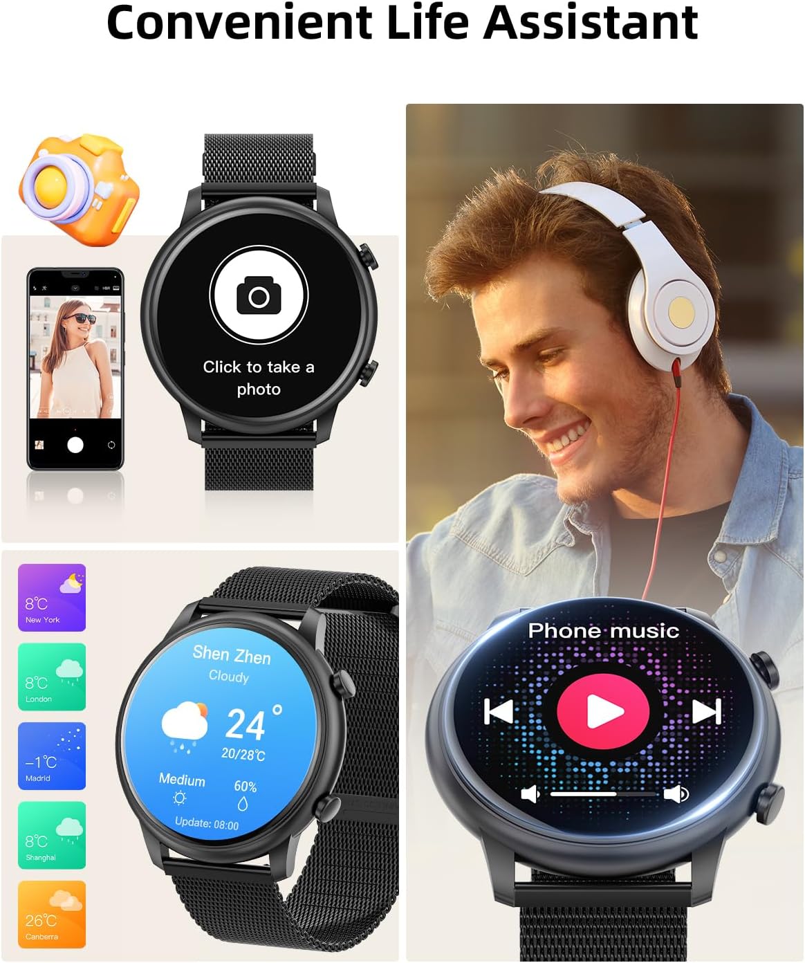 Image showing the Hwagol M6 Smart Watch displaying a message notification and a smartphone displaying the companion app interface.