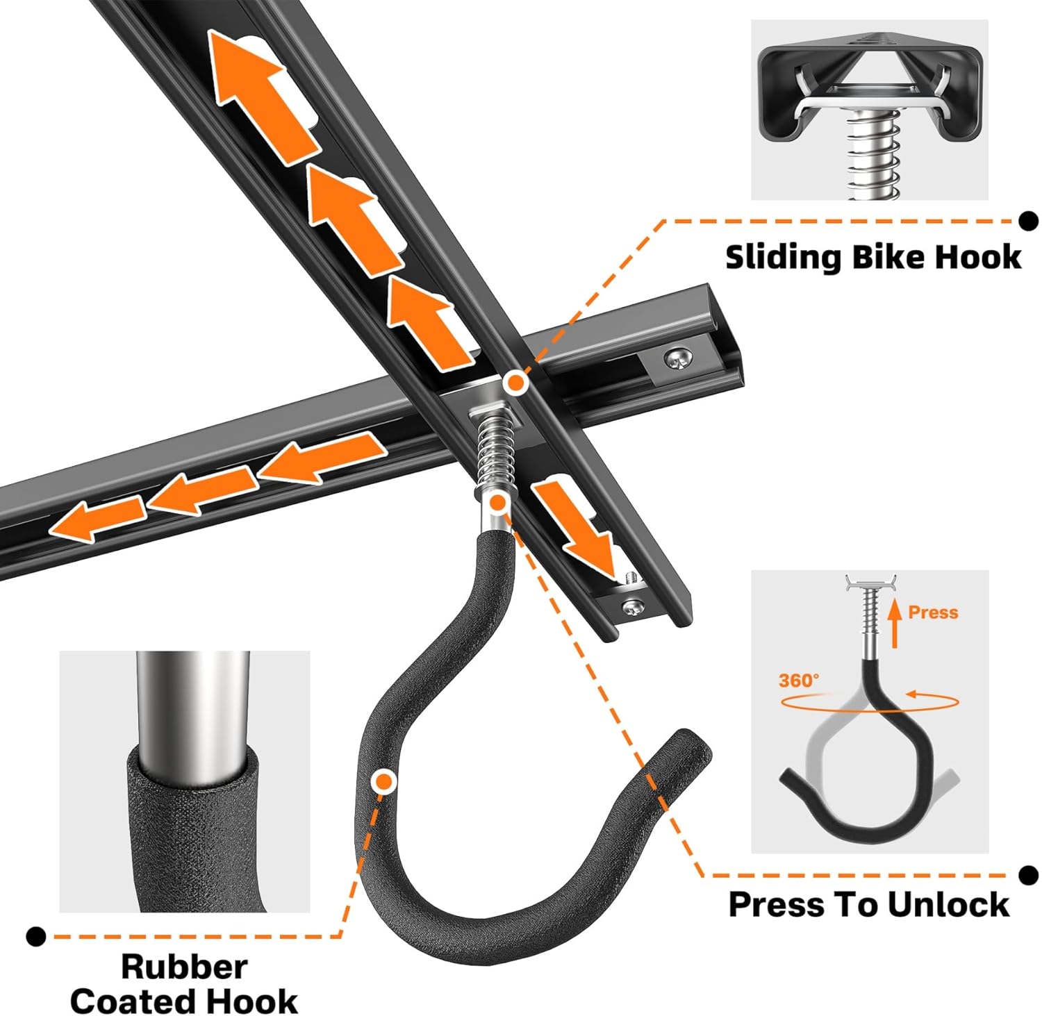 TORACK Ceiling Bike Rack for Garage, Ceiling-Mounted Bicycle Storage Hooks for 4 Bikes (Horizontal) or 8 Bikes (Vertical), Adjustable Overhead Bicycle Hooks for Mountain, Road, and Kids' Bike