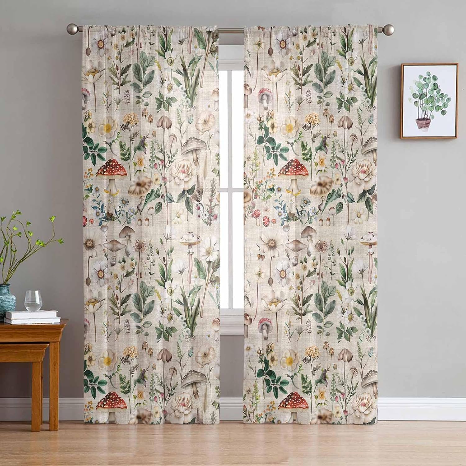Pastoral Botanical Sheer Curtains 72 Inches Length 2 Panels Set Bedroom Curtain Drapes, Vintage Mushroom Spring Summer Flowers Semi Curtain Sheers for Living Room/Cafe Voile Window Treatment