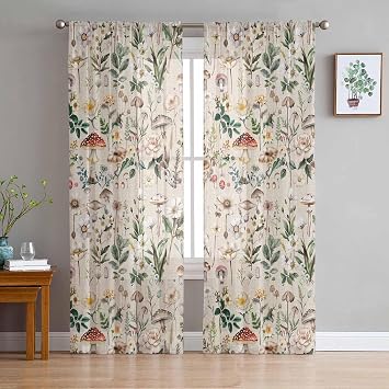 Pastoral Botanical Sheer Curtains 84 Inches Length 2 Panels Set Bedroom Curtain Drapes, Vintage Mushroom Spring Summer Flowers Semi Curtain Sheers for Living Room/Cafe Voile Window Treatment