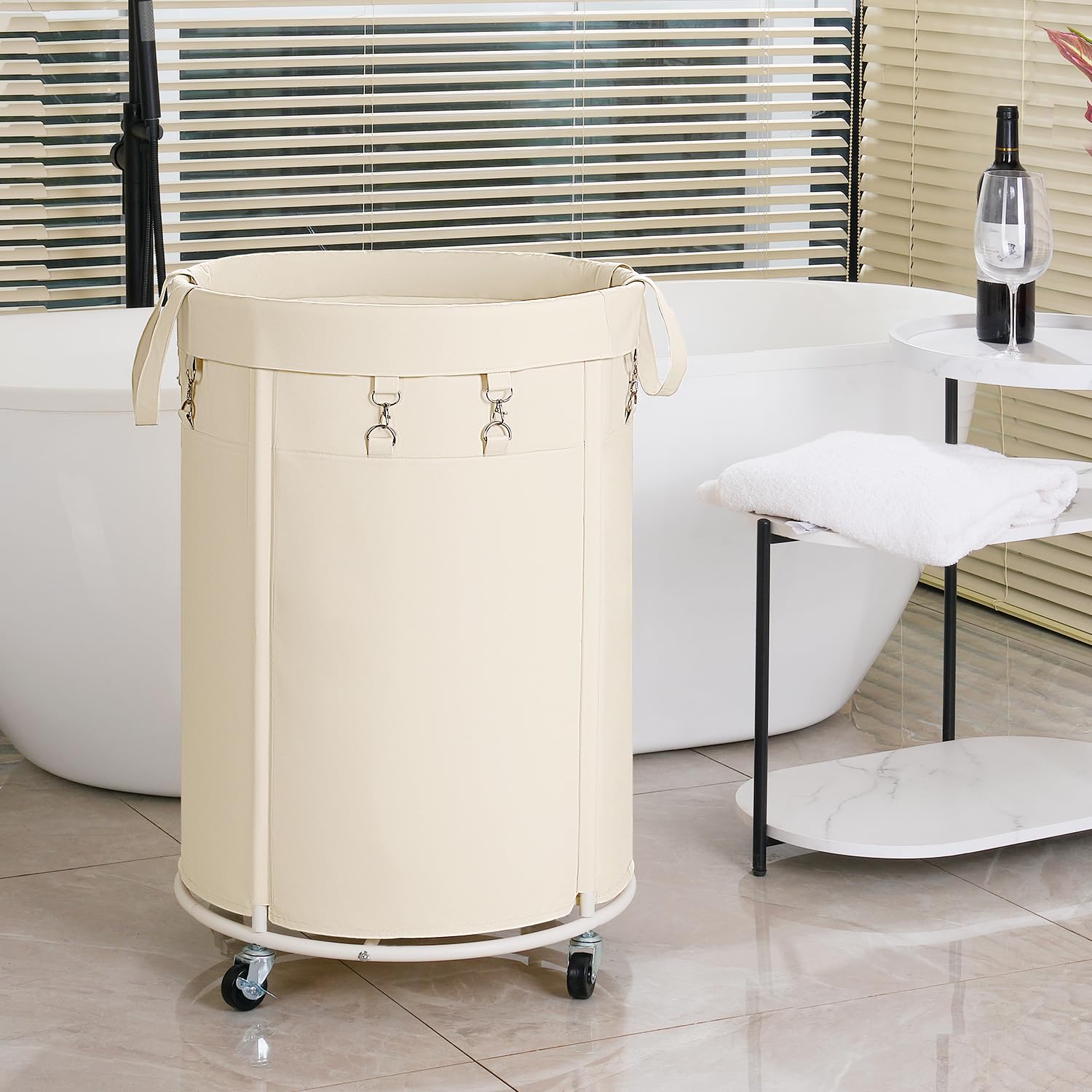 Kosze na pranie z rolkami, 150 l, duży kosz na pranie z metalową ramą i wodoszczelnym workiem, Laundry Baskets wózek na pranie do pralni, sypialni, łazienki, beżowy