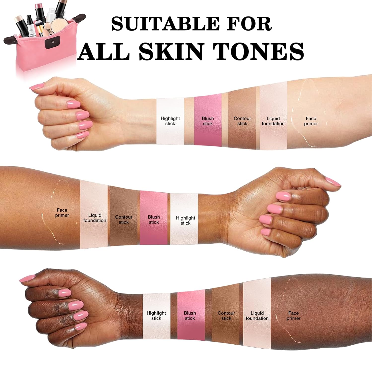 Cream Contour Stick Make Up Kit for Women, Make Up Present Set Includes Highlighter Stick, Blush Stick, Bronzer Contour Stick, Foundation, Face Primer, Brush, Sponge, Cosmetic Bag for All Skin - Image 5