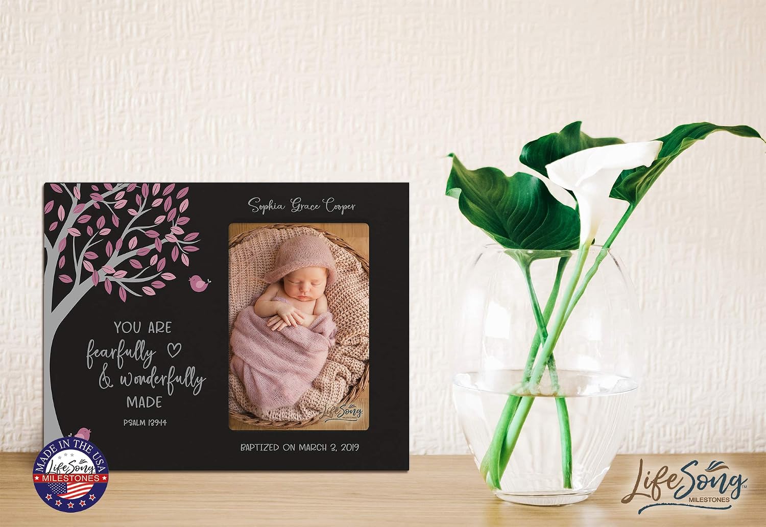 LifeSong Milestones Personalized Baptism Photo Frame Blessing for Child 1st Holy Communion Picture Frame 4” x 6” - Fearfully and Wonderfully (Girl Black)