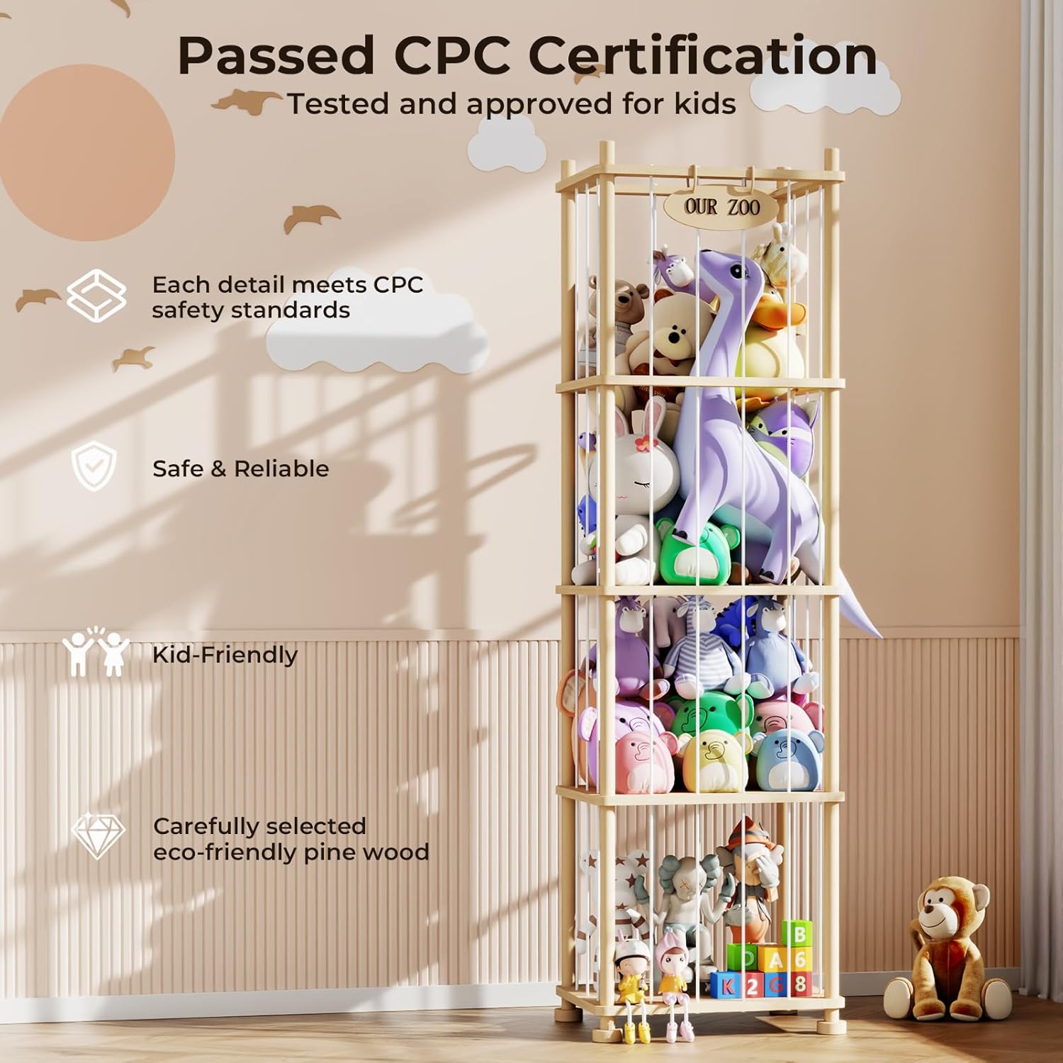 Stuffed Animal Storage Organizer, Solid Pine Wood Toy Storage Rack with Removable Shelves, Large Stuffed Animal Holder for Kids Room, Nursery, Playroom, Sort Plush Toys by Size, Color, or Type - Image 3