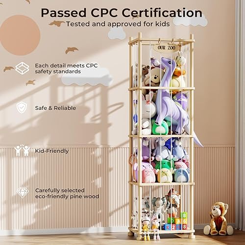 Miniatura 3 de Organizador de almacenamiento de animales de peluche, estante de almacenamiento de juguetes de madera de pino macizo con estantes extraíbles,