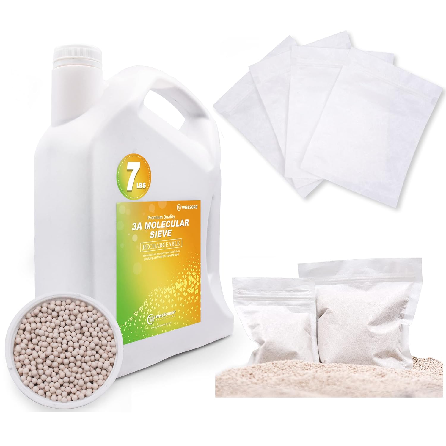 7LBS Premium Desiccant Bulk Material 3A Molecular Sieve, Reusable Desiccant Dehumidifier with 20pcs Resealable Nonwoven Zip Bags