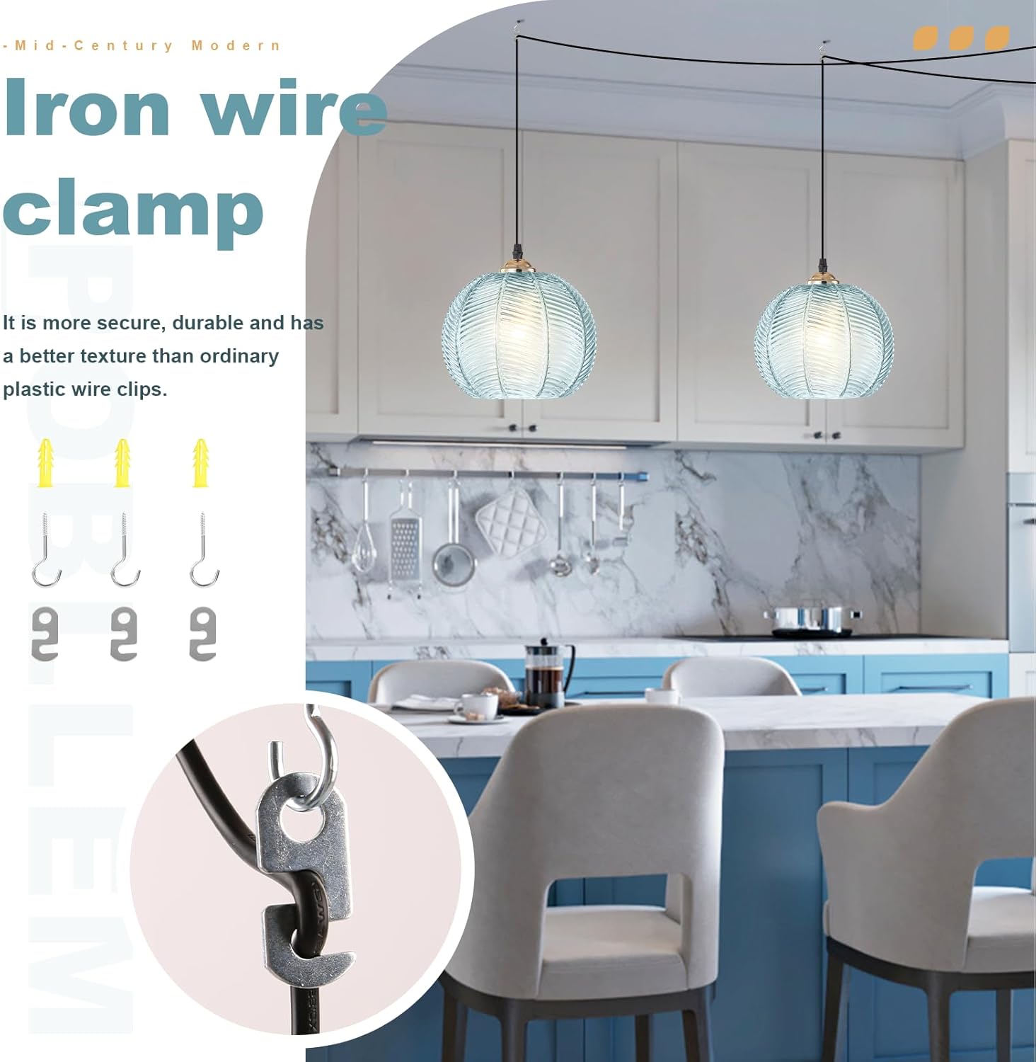 Blue Glass Plug in Pendant Light for Bathroom, Ceiling Light with 14.76ft Long Cord, Kitchen Corded Light Fixture, 8.7" Ribbed Globe, Living Room Corner Hanging Lamp that Plug into Wall Outlet