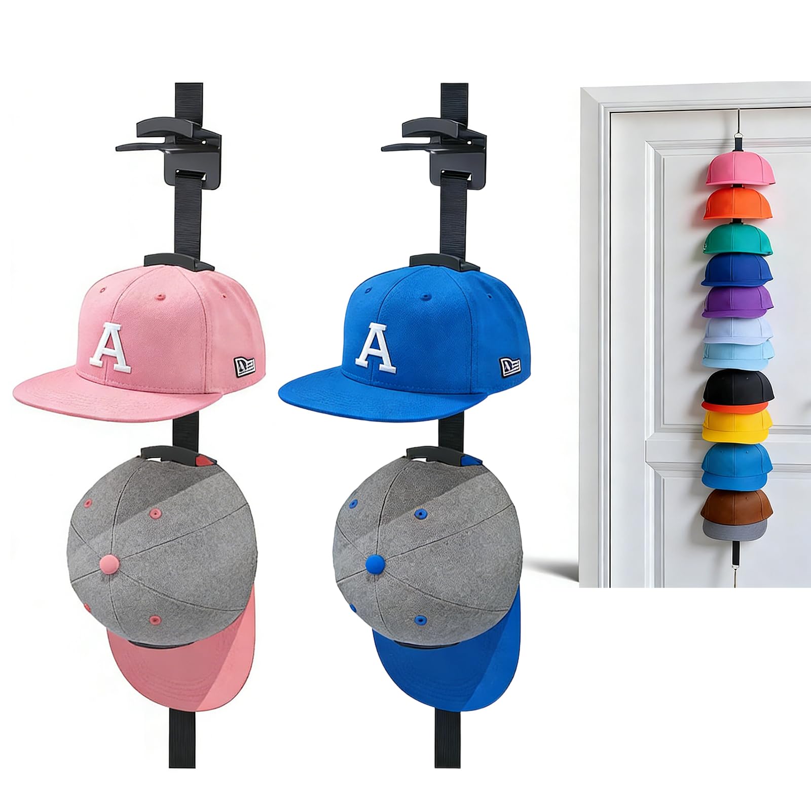 UOSIWYA 2 Pack Hat Rack for Door, Hat Storage Organizer Two-Way Hanging Cap Holder with Display Hooks Black Baseball Cap Storage for Bedroom Closet Holds 20 Hats
