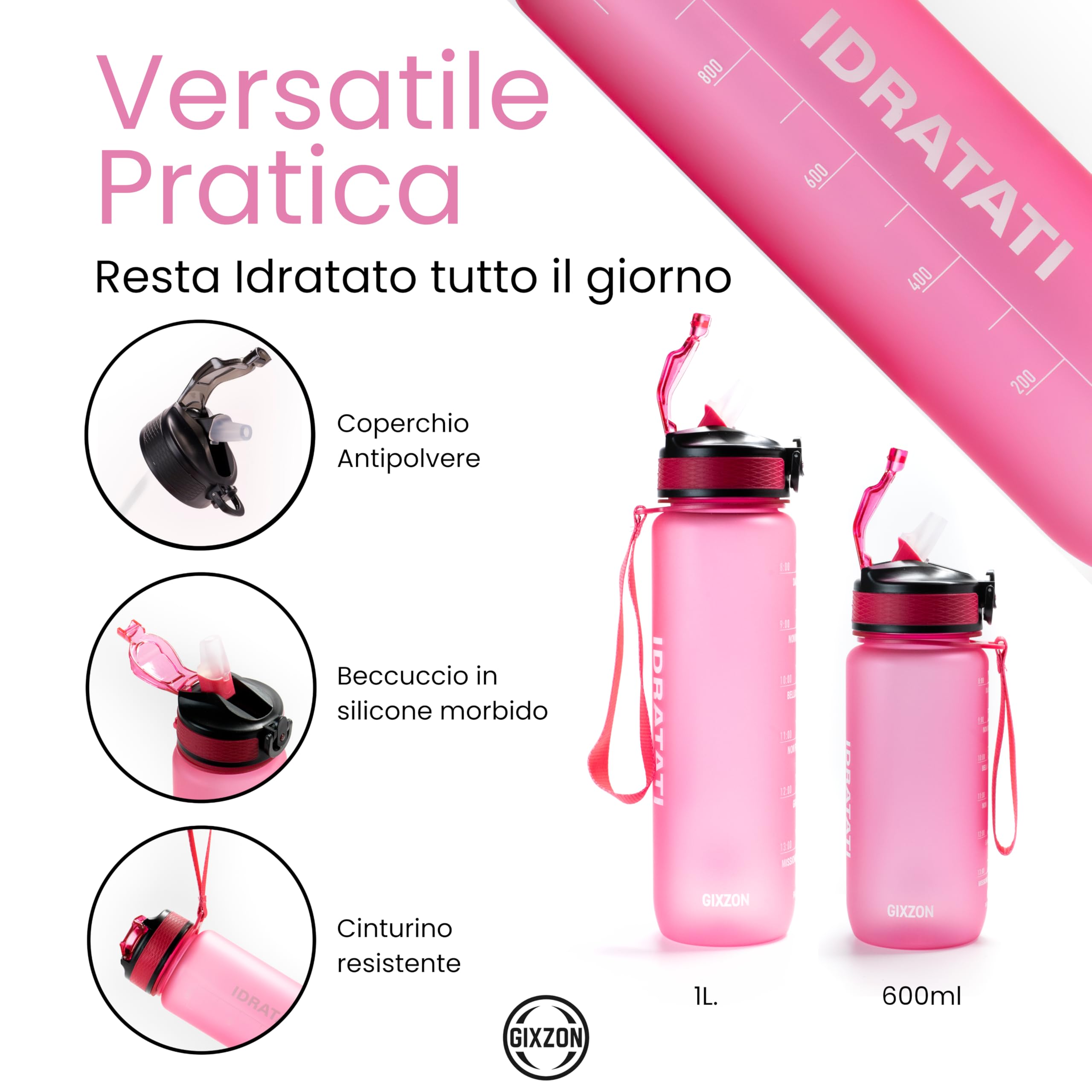 GIXZON Borraccia Motivazionale 1L in Tritan Senza BPA con Frasi e Orari in Italiano, Cannuccia e Tappo di Sicurezza, Perfetta per Sport, Palestra, Yoga e Scuola