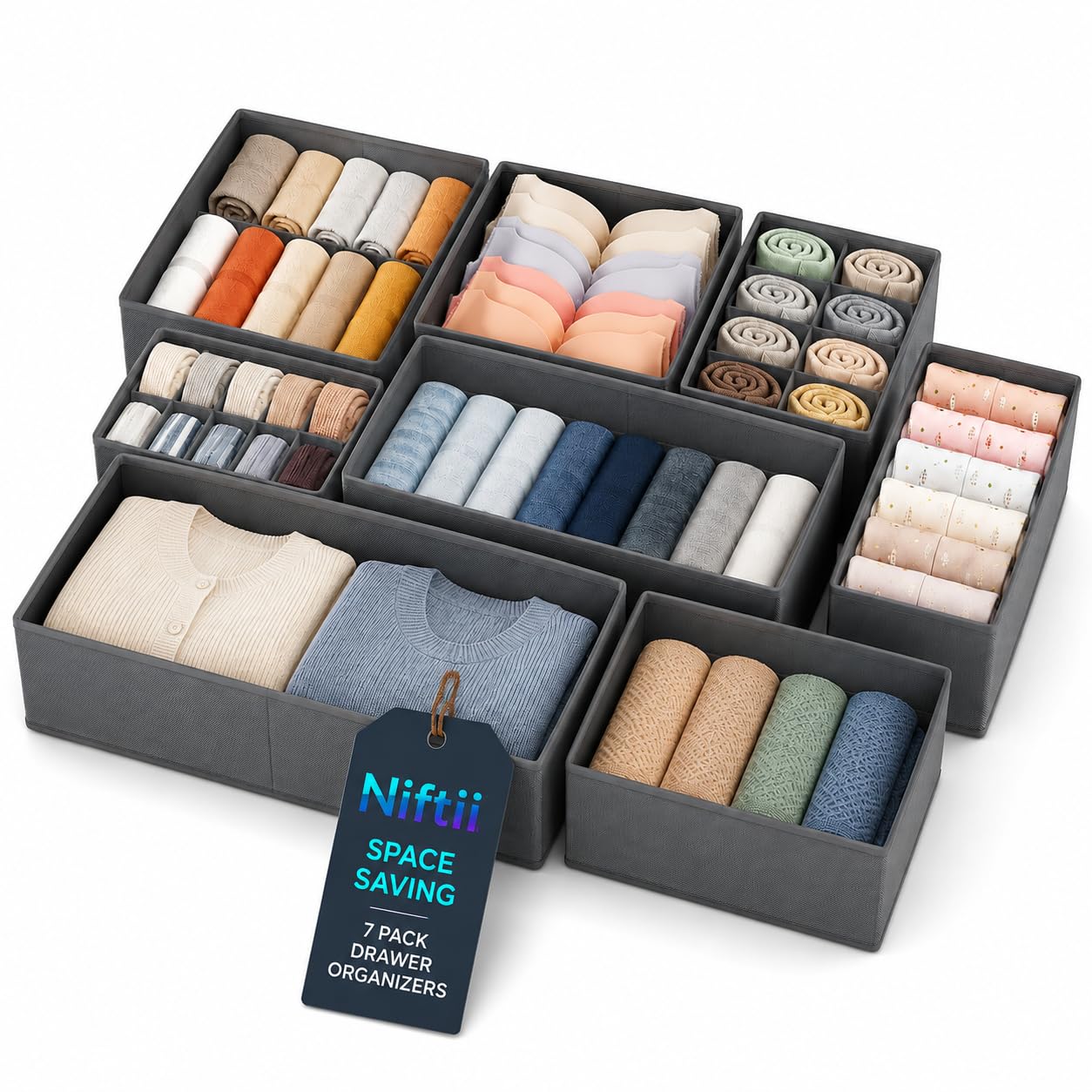 Niftii Rigid Clothes Organiser 7-Pack – Foldable Drawer Organisers with Removable Panels, Fabric Drawer Dividers for Clothes, Underwear, Socks & Baby Items – Wardrobe & Closet Storage Boxes