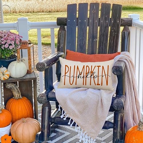 Miniatura 5 de RABUSOFA Fall Hello Pumpkin - Funda de almohada para exteriores, 12 x 20 pulgadas, decoración para el hogar, sofá y sofá (crema)