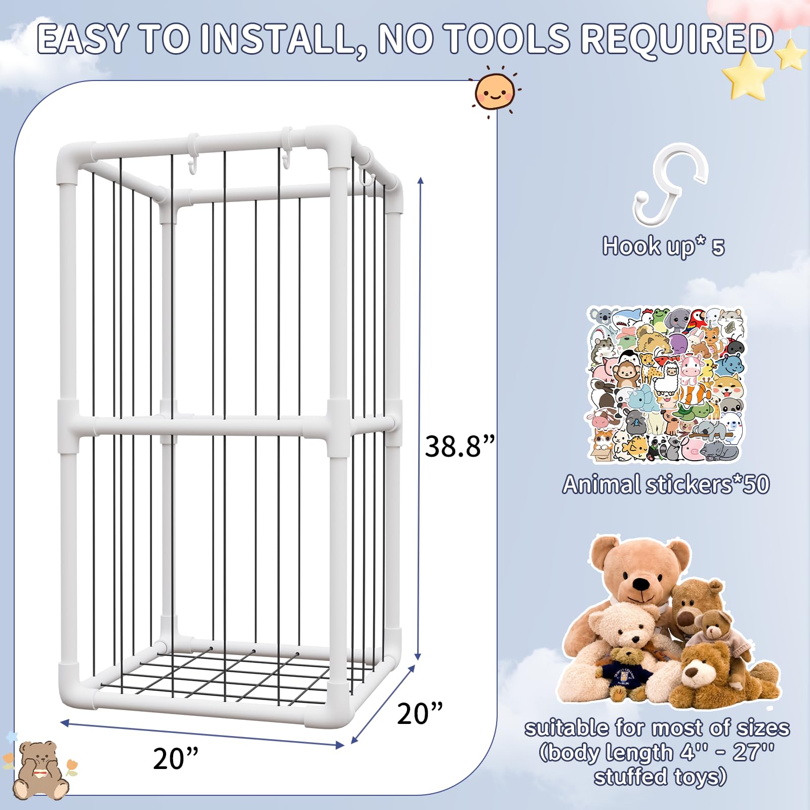 HAIDAIYA Plush Stuffed Animal Storage Zoo Holder Standing, Kids Toy Storage Organizer Shelves Basket with Nets for Stuffed Animals, Play Room Decor Corner Toy Box Storage. (Thicker Tube)
