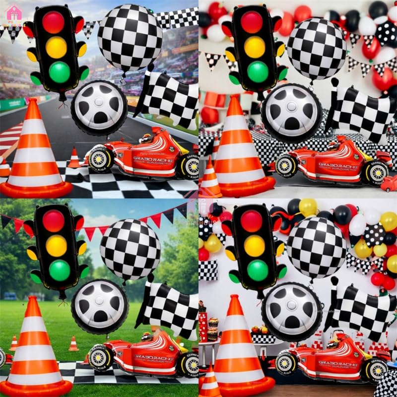 Image of Party Warehouse Racing Theme Foil Balloons Set|Car,Tyre,Traffic Light,Cone & Checkered Flag Balloons for Kids Birthday,Car Party, Formula Race Day & Motorsport Theme- XL Size-6 Pcs