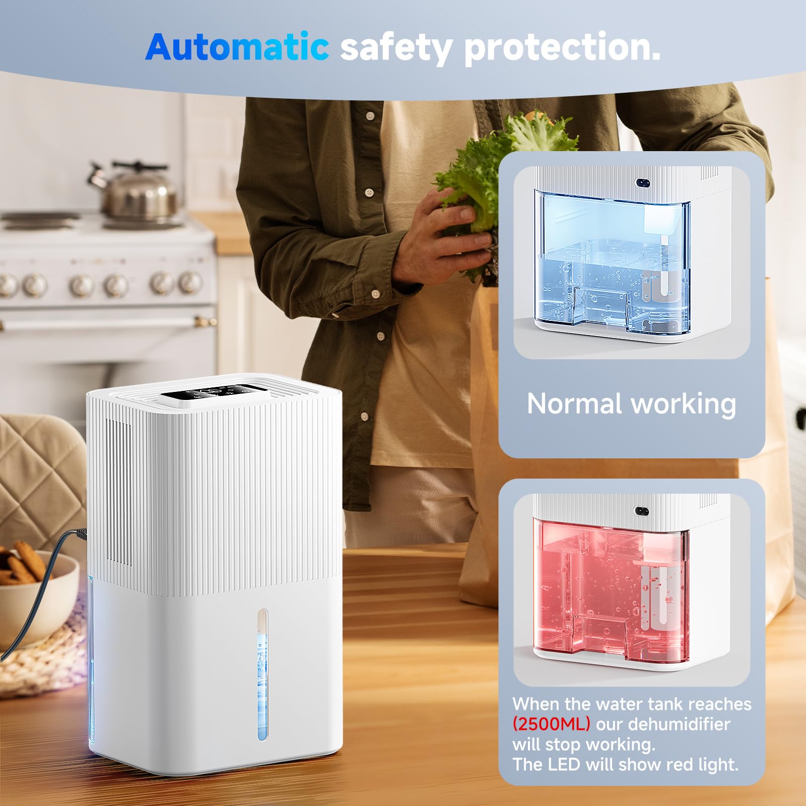 Deshumidificador 2700ML, Deshumidificador Eléctrico Silencioso Temporizador, Modo Sueño, Luz Nocturna de 7 Colores, Portátil, Ideal para Apartamentos, Baños y Sótanos (1250ML/24H) — view 5