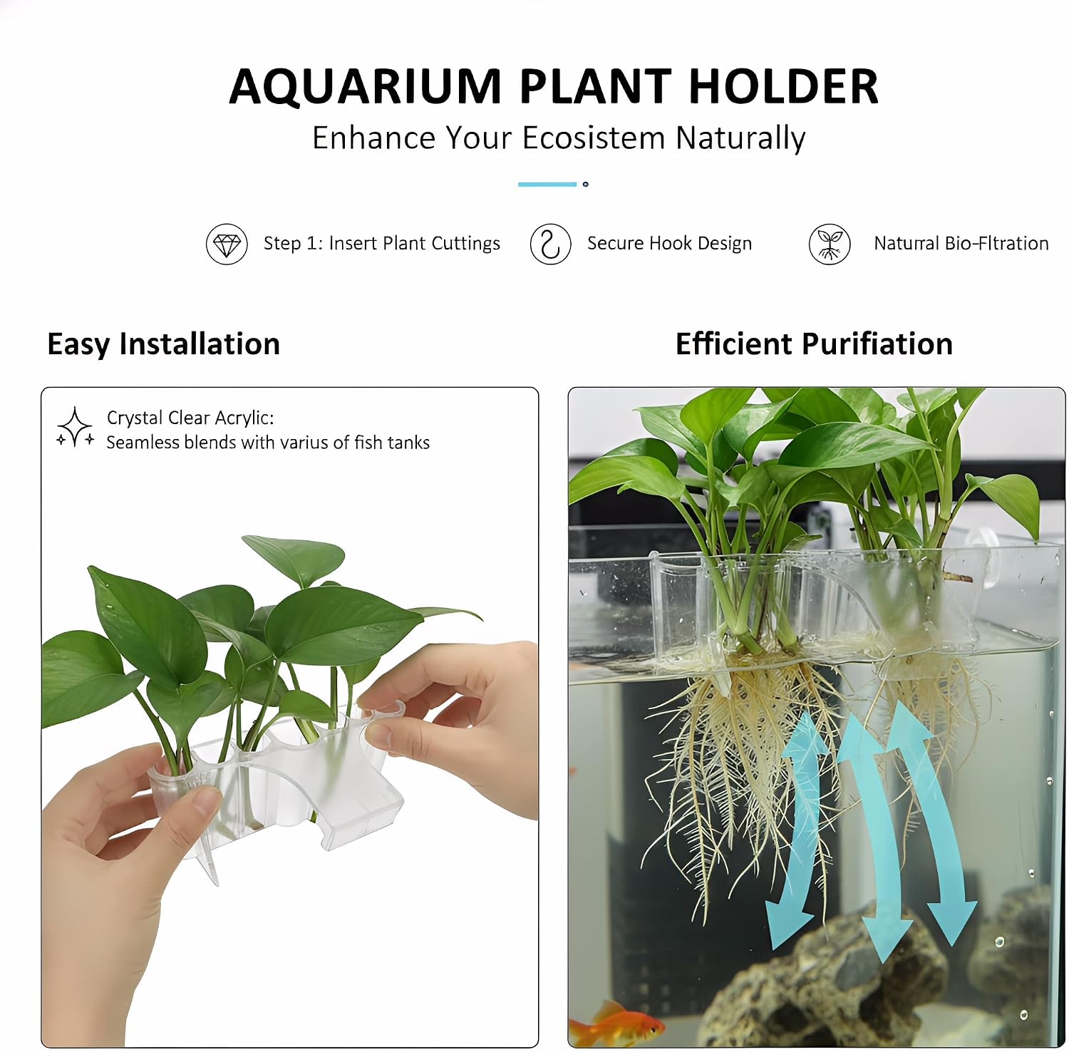 2 Pack Hanging Aquarium Plant Holder – 7-Hole Fish Tank Plant Pot for Pothos & Aquatic Plants, Floating Plant Corral, Aquascape Decor, Rim Plant Holder (Transparent)