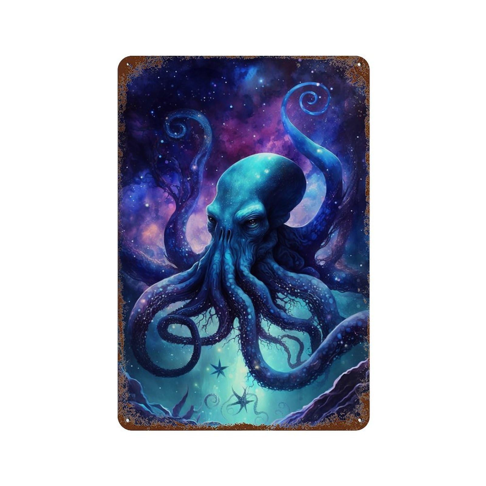 Galactic Octopus Art Print-11 Decorative Tin Sign 11.8"x7.9", Farmhouse Wall Decor for Garage, Bar And Workshop Decor