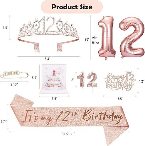 Miniatura 2 de Decoraciones de cumpleaños número 12 para niñas, incluye adorno para pastel de 12 años, banda de reina de cumpleaños con alfiler de perlas, corona