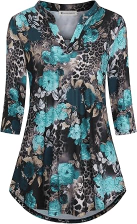 BAISHENGGT 3/4 Sleeve Tops for Women Notch V Neck Floral Work Blouses Dressy Casual Loose Fit Going Out Tunic Tops