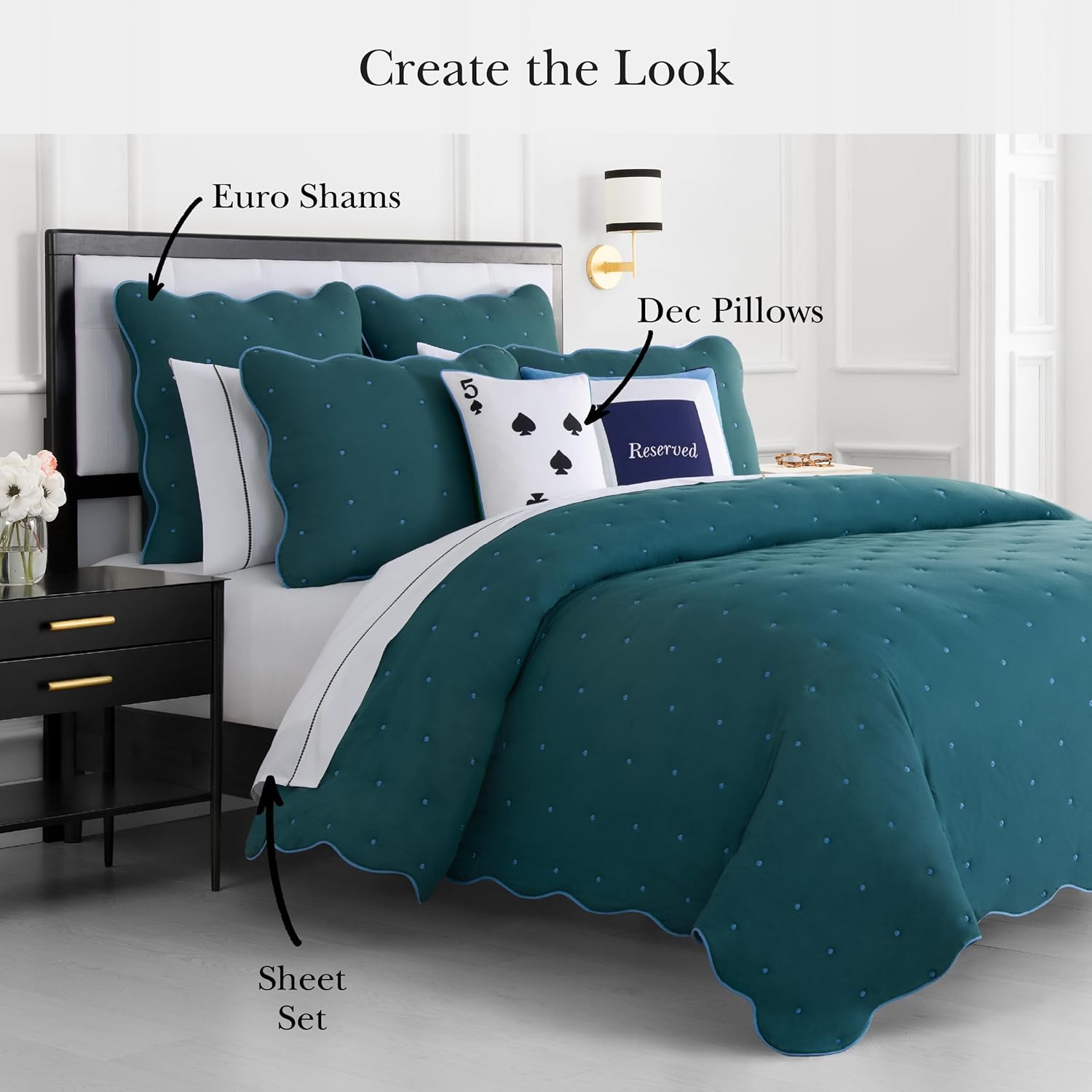 Kate Spade New York Scalloped Edge 2-Piece Twin Quilt Bedding Set, 100% Cotton Voile Reversible Cover, All Season Bedding, Machine Washable, Blue Spruce Scalloped Edge Twin Blue Spruce