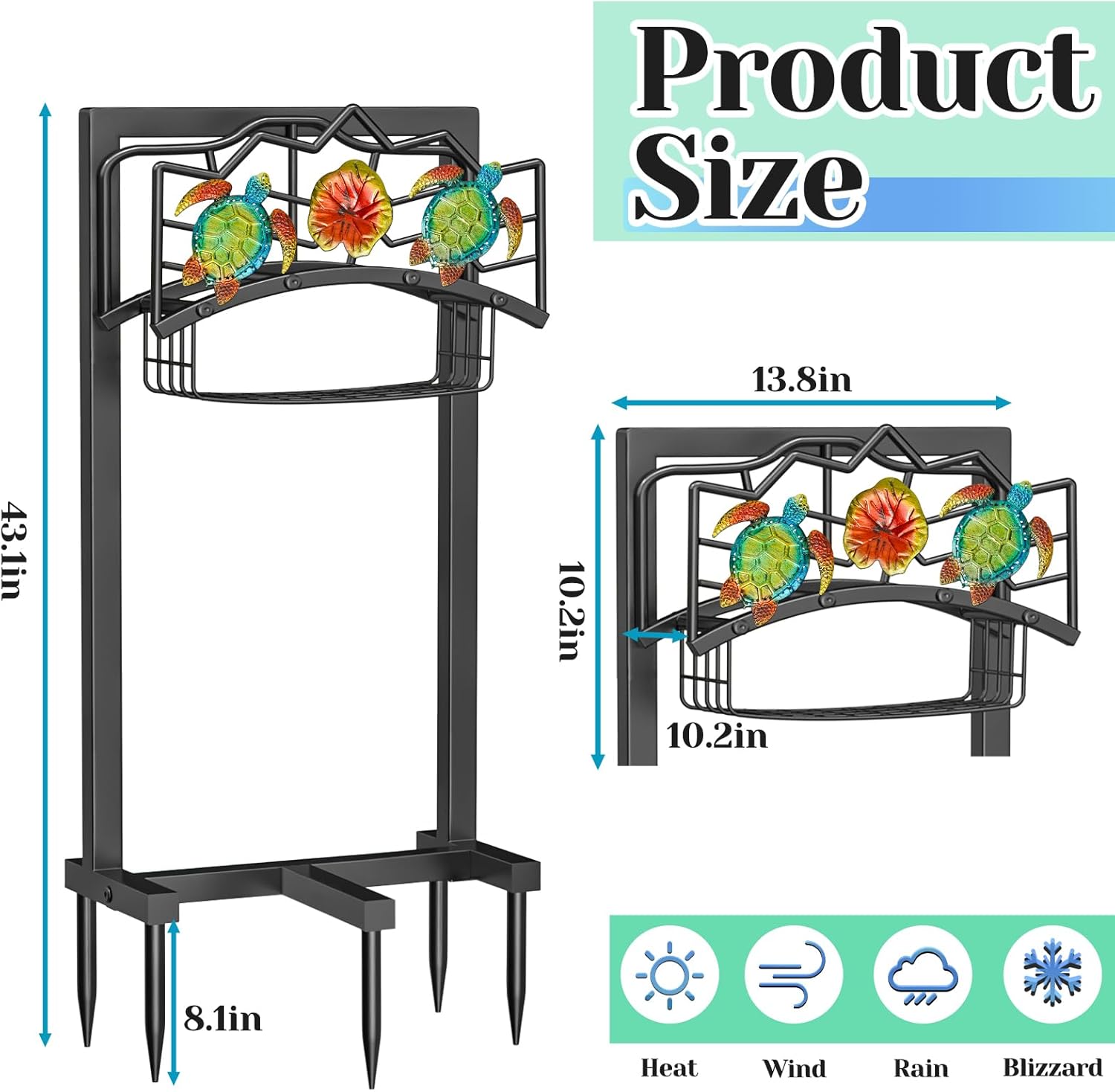 Garden Water Hose Holder with 5 Spikes, Upgraded Freestanding Heavy Duty Hose Hanger Holds 150-feet Hose, Sturdy Hose Stand Storage Rack for Outside Yard Lawn (Black - Turtle)
