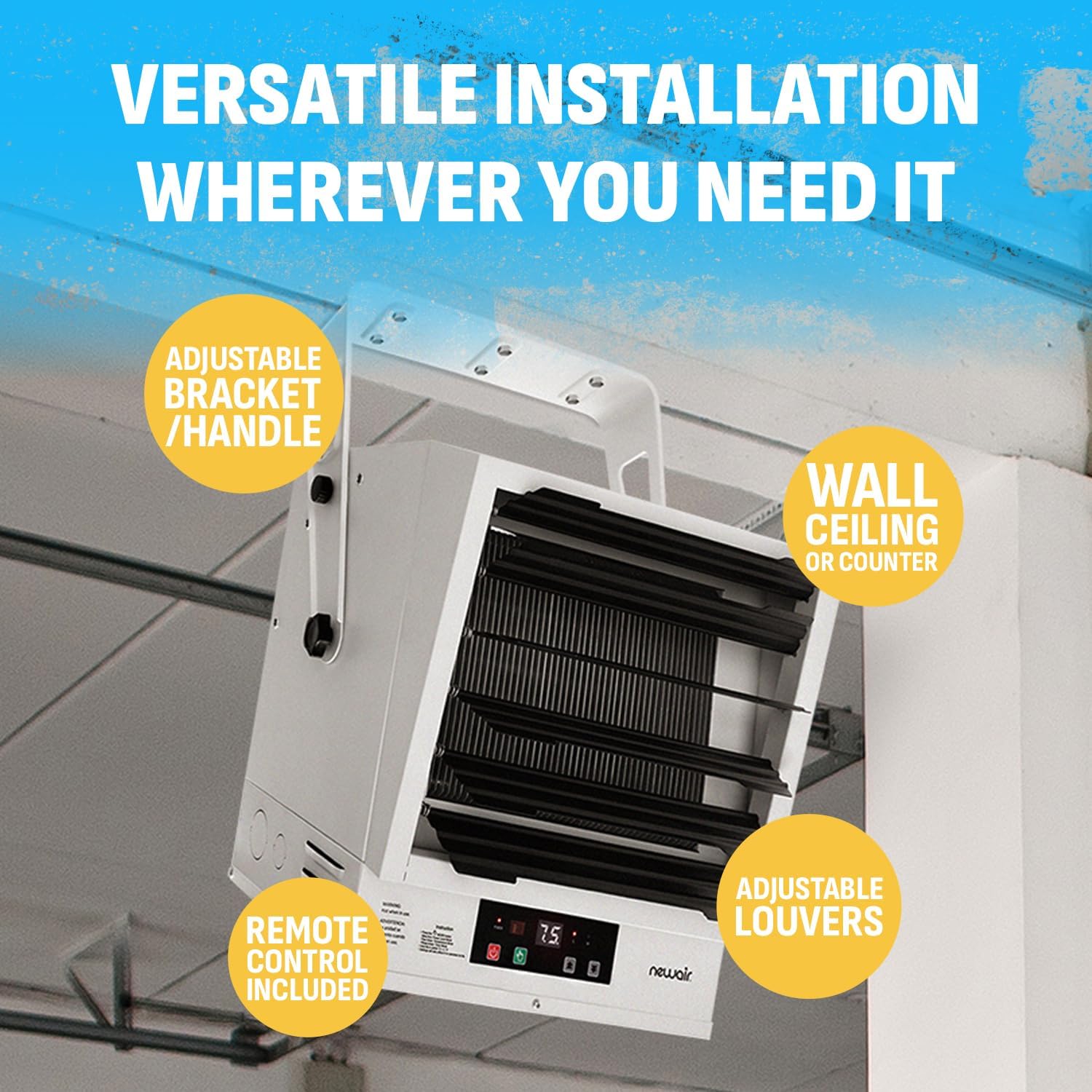 Newair Hardwired Electric Garage Heater 240V | 10000W Ceiling or Wall Mounted Shop Heater | Heavy Duty Fan-Forced Electric Shop Heaters for Garage | for Large Space (1605 Sq Ft) with Remote Control