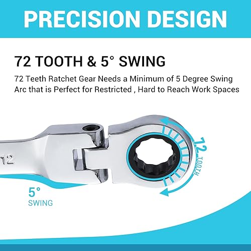 Miniatura 3 de B4B BANG 4 BUCK Llave combinada de trinquete de 0.472 pulgadas, llave de trinquete métrica de cabeza flexible con 72 dientes y 5 movimiento llave de