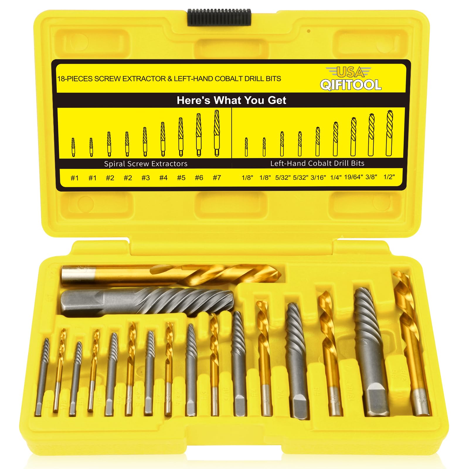18PCS Screw Extractor Set, 37# Cr-Mo & 6542 HSS Steel Cobalt Left-Hand Drill Bit, Easy Out Broken Bolt Remover Reverse, Ez Out Stripped, Rounded-Off,