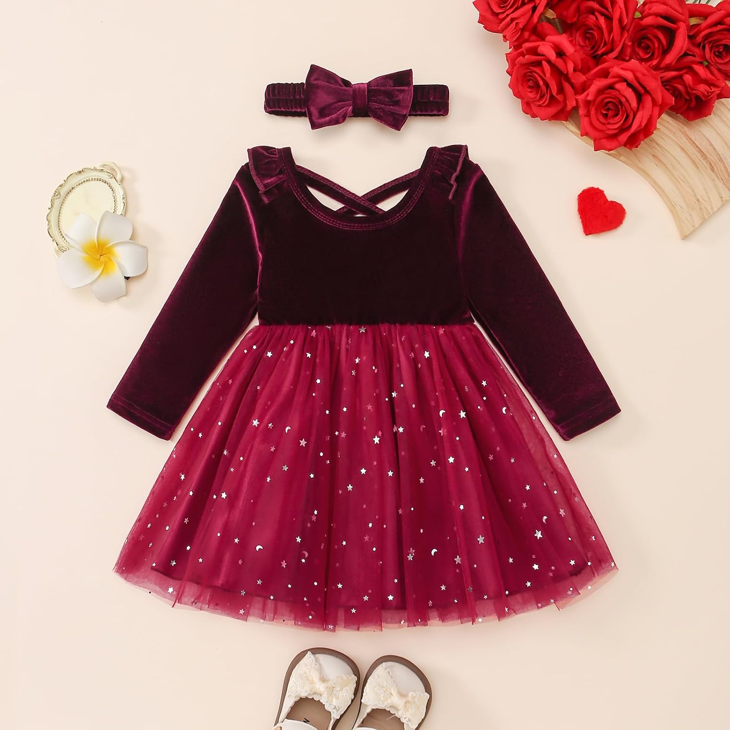 Toddler Girls Christmas Dress Ruffle Long Sleeve Tulle Velvet Dresses Winter Clothes Party Outfits