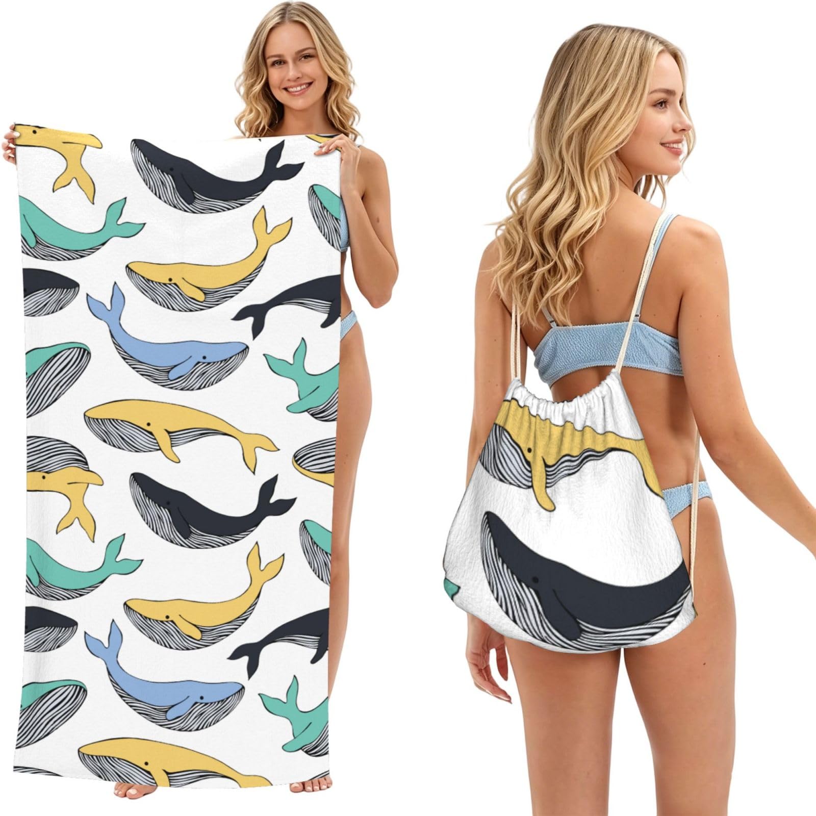 Poadnly As Picture Whales Whale Animal, 2 In 1 Packable Towel Bag, Beach Towels With Drawstring Backpack For Travel Holiday Camping