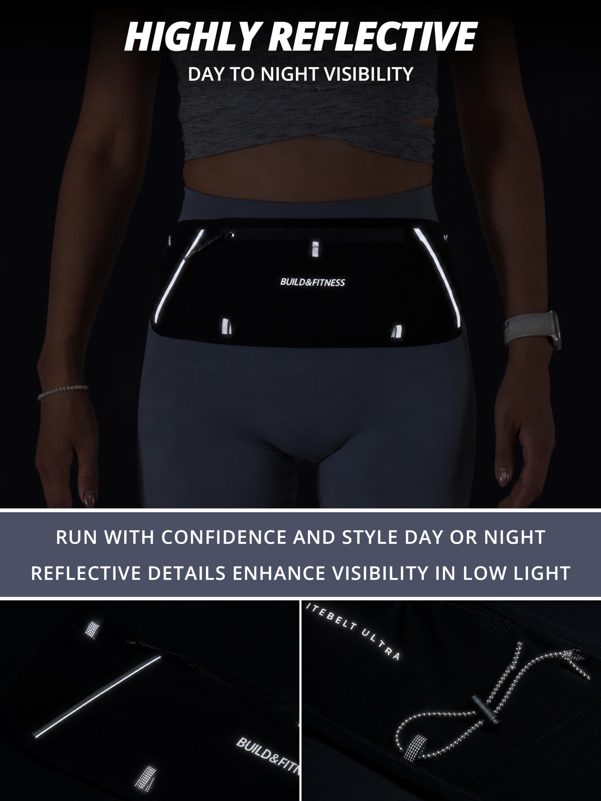 LITEBELT Ultra Laufgürtel mit Reißverschluss – Leicht, reflektierend, mit YKK-Reißverschluss für Handy, 5 Taschen von Oben für Gels, Trinkflasche und Schlüsselclip – Freihändiges Laufen, Größen XS–XL