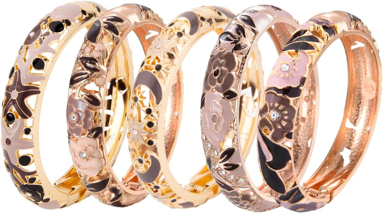 UJOY Enamel Bracelets Pack of 5 Colorful Cloisonne Rose Gold Flower Engraved Bangles for Women Jewelry Gift Pack in a Box 5PCS