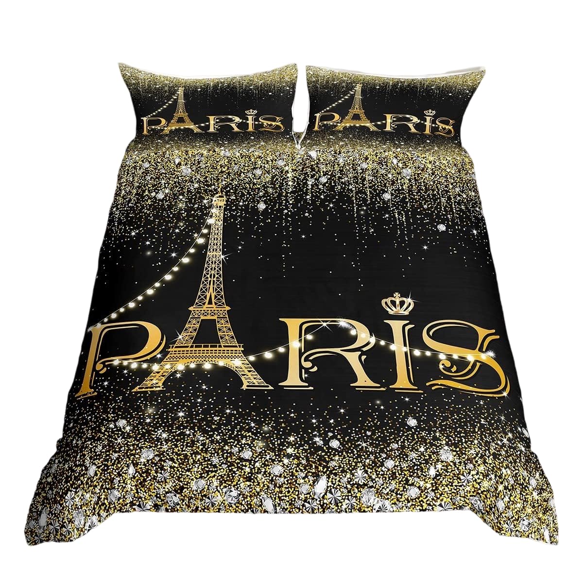 Homewish Black Golden Paris Bedding Set King For Women,Girly Glitter Eiffel Tower Duvet Cover For Valentine'S Day Gift,Gradient Diamond Comforter Cover Sparkles Sequins Quilt Cover With 2 Pillow Sham