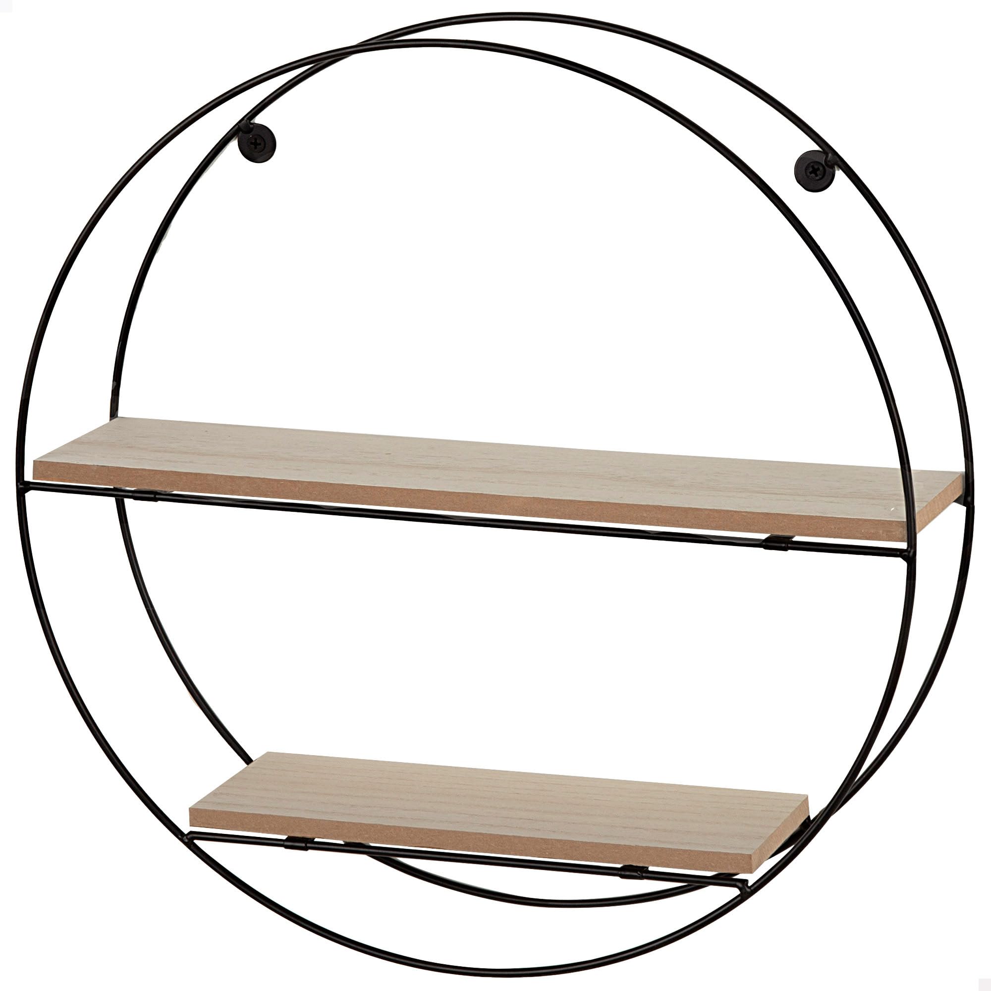 AKTIVE MAX Home Wall Shelf, Ø40 x 10 cm, Max. 4 kg, 2 Wooden Shelves, Round, Black Metal Frame, Modern Decorative Design, for Living Room, Bedroom, Office (18462)