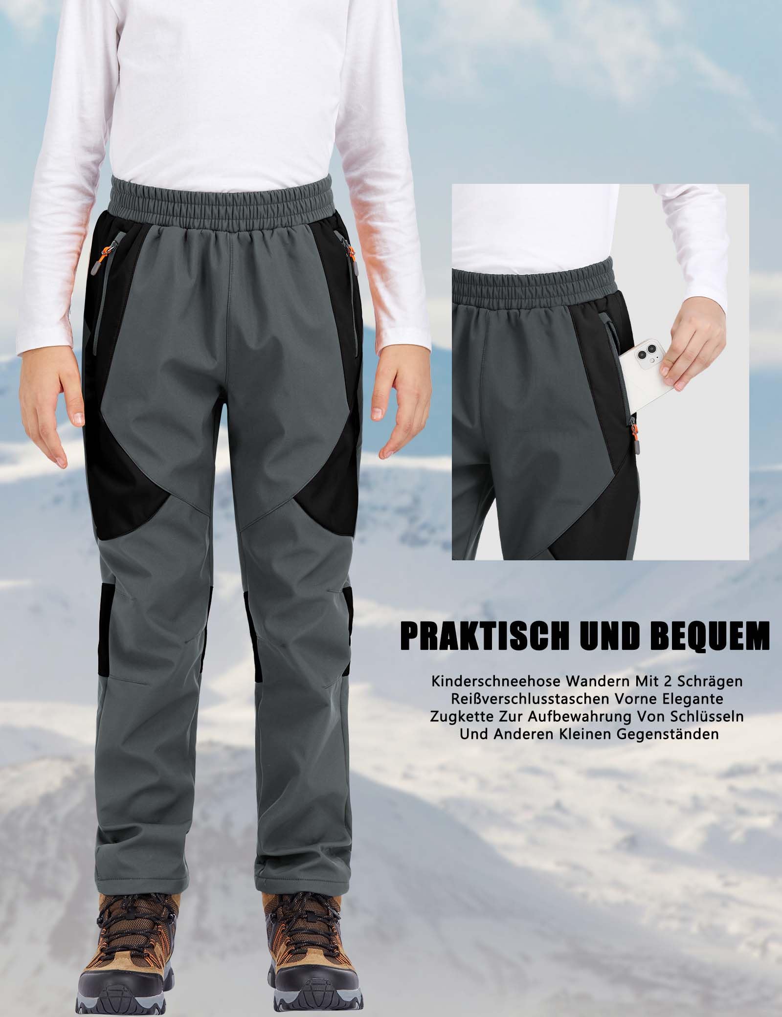 Pantaloni da Sci Invernali per Bambini e Bambine, con Imbottitura in Pile, Pantaloni Trekking Softshell Arrampicata Escursionismo-Dark Grey+Black-Dark Grey+Black-122-128