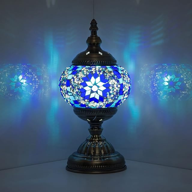 Marrakech Turkish Mosaic Glass Decorative Table Lamp Handmade Moroccan Lantern Tiffany Style Home Decor Desk Night Light Christmas Decorations Gift Lamp for Bedroom Living Room (Blue)