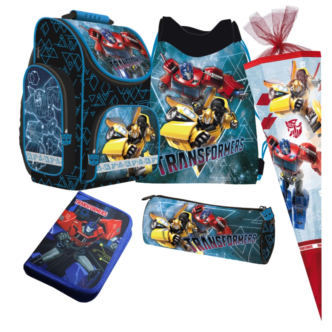 Roboter Autos Transformers 5 Teile Set Schulranzen Schultasche Ranzen Tornister Rucksack Tasche Turnbeutel Federtasche mit Sticker-von-Kids4shop Schultüte 85 cm