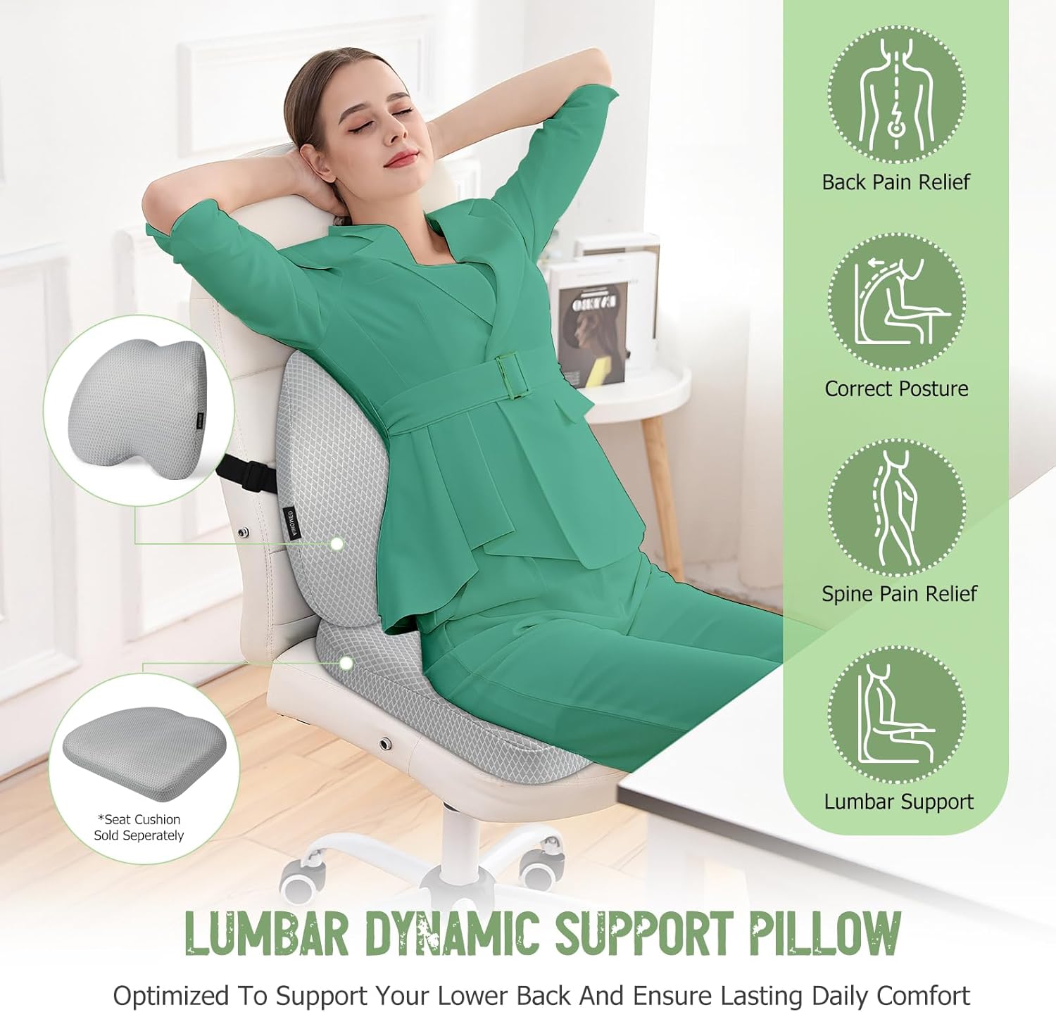 Lumbar Support Pillow Office Chair Car Back Pillow Ergonomic Lower Back Pain Relief Breathable Air Fiber Cushion with Hours Sitting on Worker Driver & Handicapped, Adjustable Strap (Light Gray) - Image 2